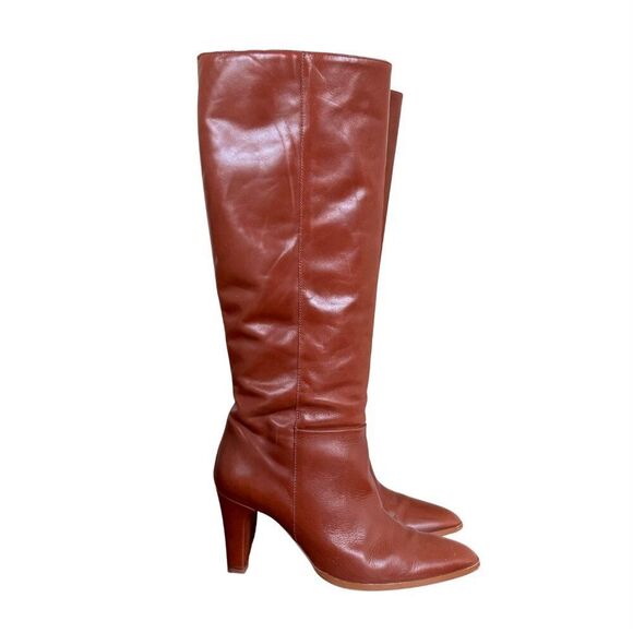 Zara Knee High Mid Height Brown Leather Heeled Boots - Picture 1 of 9